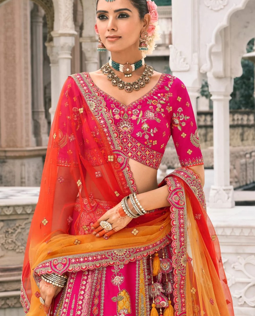 HOTPINK - Hot Pink & Green Fancy Silk Lehenga Choli With Cut Work Embroidery Border & Stone Work